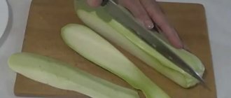 Для приготовления этого вкусного блюда кабачки нарезаем тонкими слайсами по всей длине овоща.