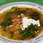 Sour cabbage soup from sauerkraut with mushrooms