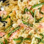 Pasta with lightly salted salmon in cream sauce