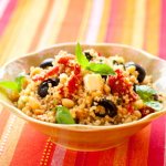 Couscous salad. Recipes with vegetables, tomatoes, red onions, cucumber 