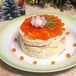 Salad with crab sticks, rice and squid - recipes