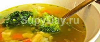 Spring soup with smoked chicken and broccoli