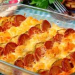 Pasta casserole with sausages and zucchini